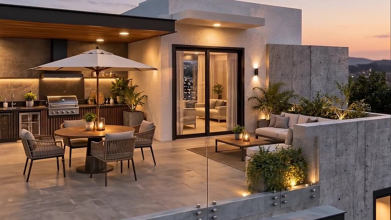 Roof garden con cocina exterior, comedor y sala bajo pérgola