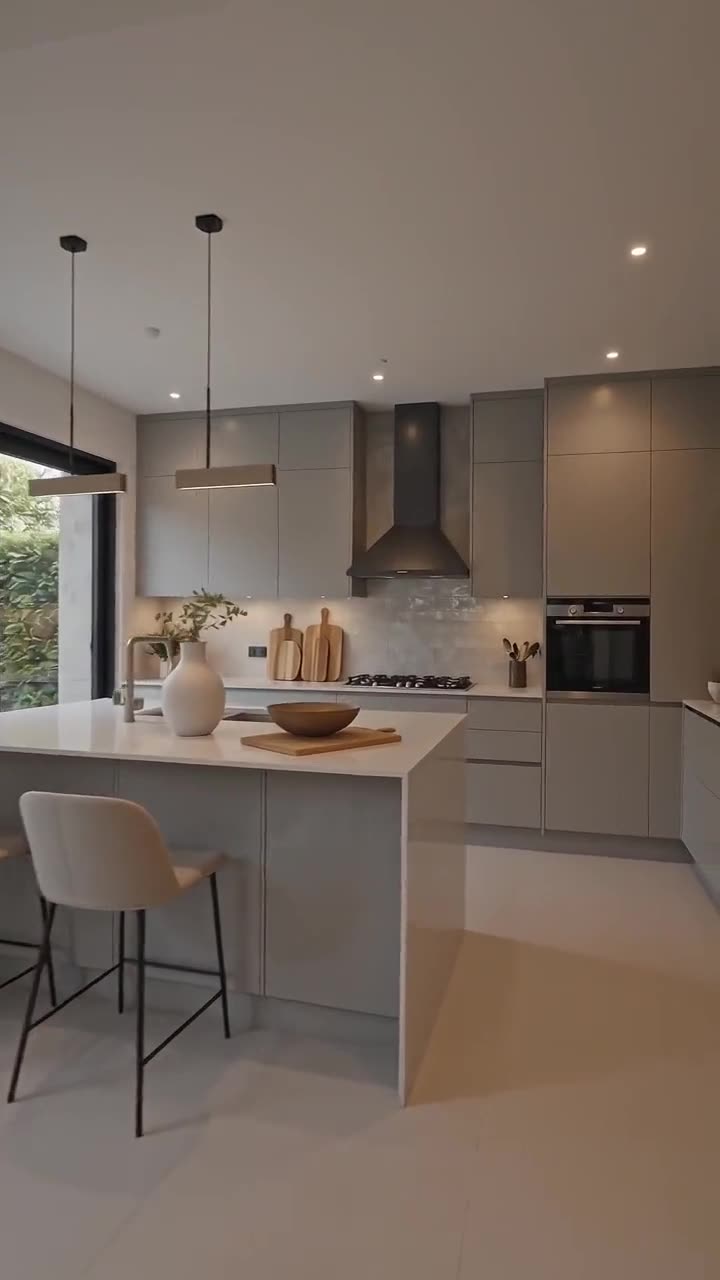 Cocina con isla, banco alto y campana de acero