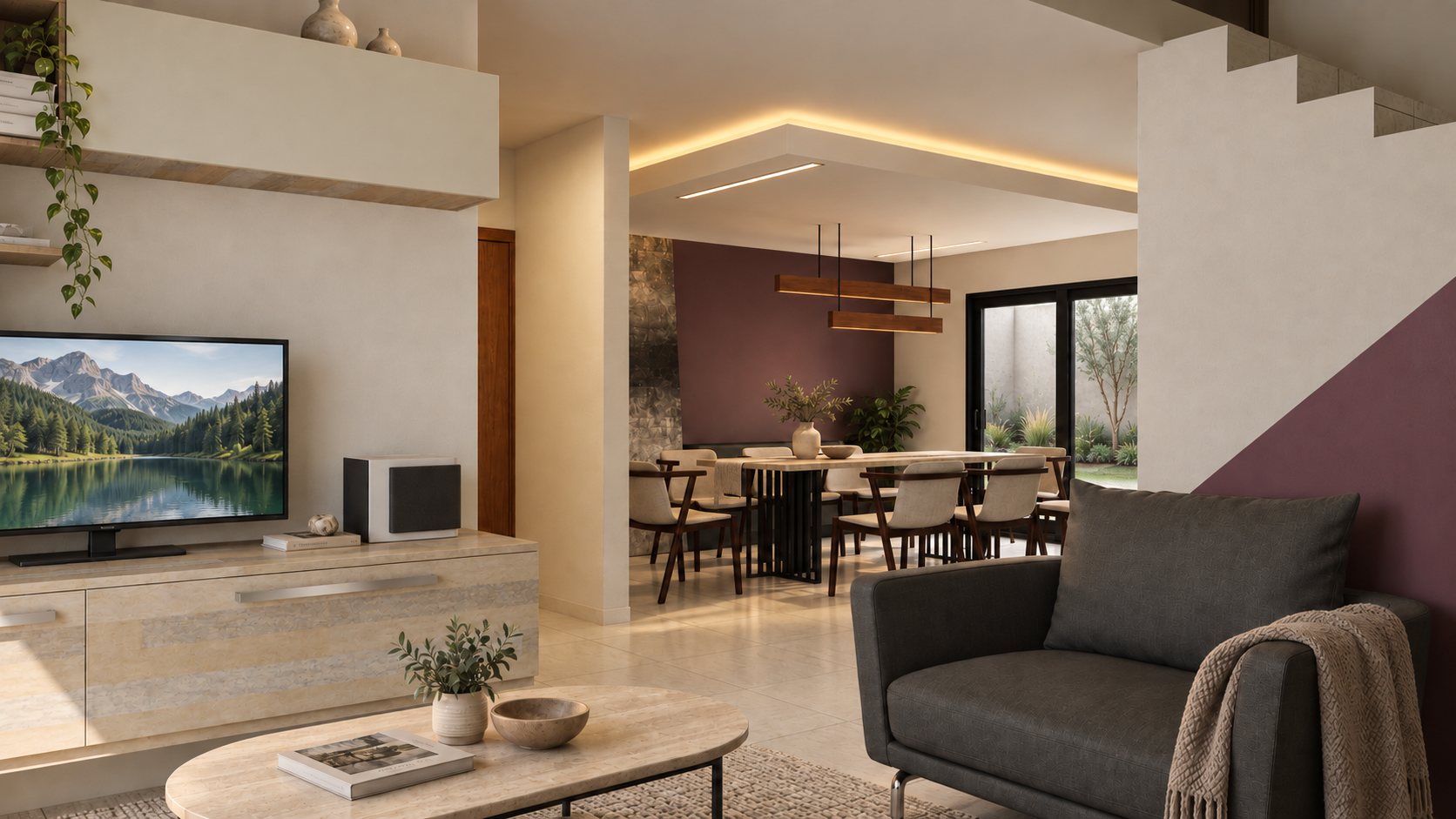 Estancia con mueble de televisión y comedor al fondo