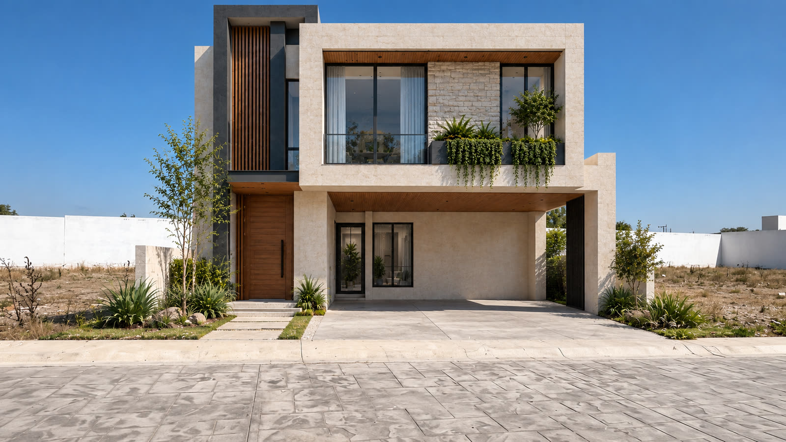 Vivienda de dos niveles con fachada de piedra, celosía de madera y jardinera en el balcón